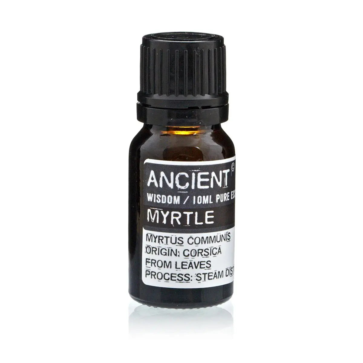 Aceite esencial de mirto 10ml, color ámbar, envase de vidrio con tapa negra, 100% puro, origen de Córcega.