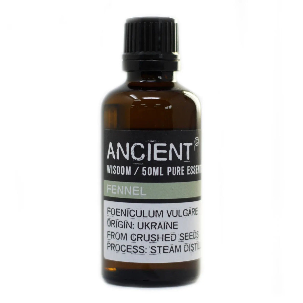 Frasco de vidrio ámbar de 50ml con tapa negra y etiqueta profesional para aceite esencial de hinojo sobre fondo blanco