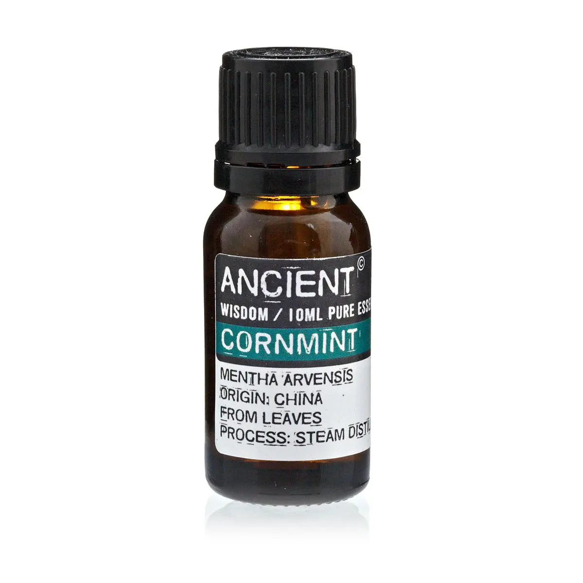 Aceite esencial de menta cornamenta 10ml, color ámbar, botella de vidrio, aroma fresco y revitalizante.