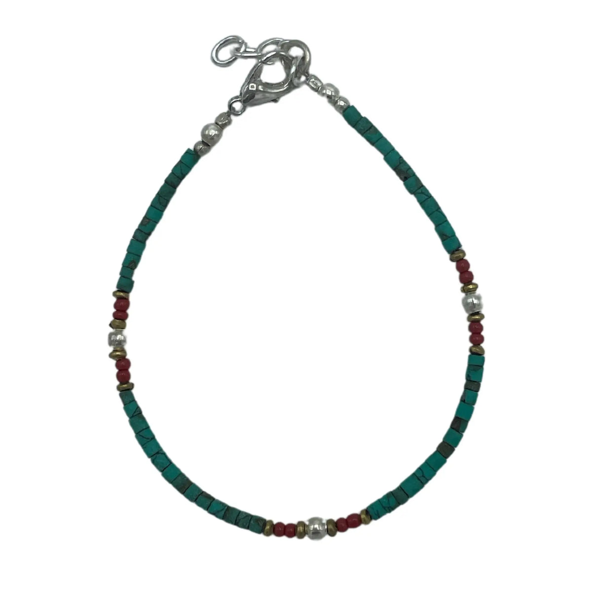Pulsera de cuentas turquesa y rojas con detalles plateados. Estilo bohemio y elegante.
