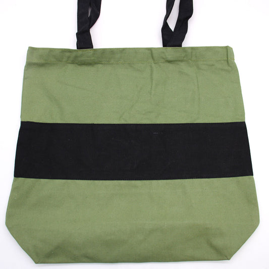 Bolsa de algodón verde con franja central negra y asas negras. Estilo tote bag resistente de 38x42x12cm.