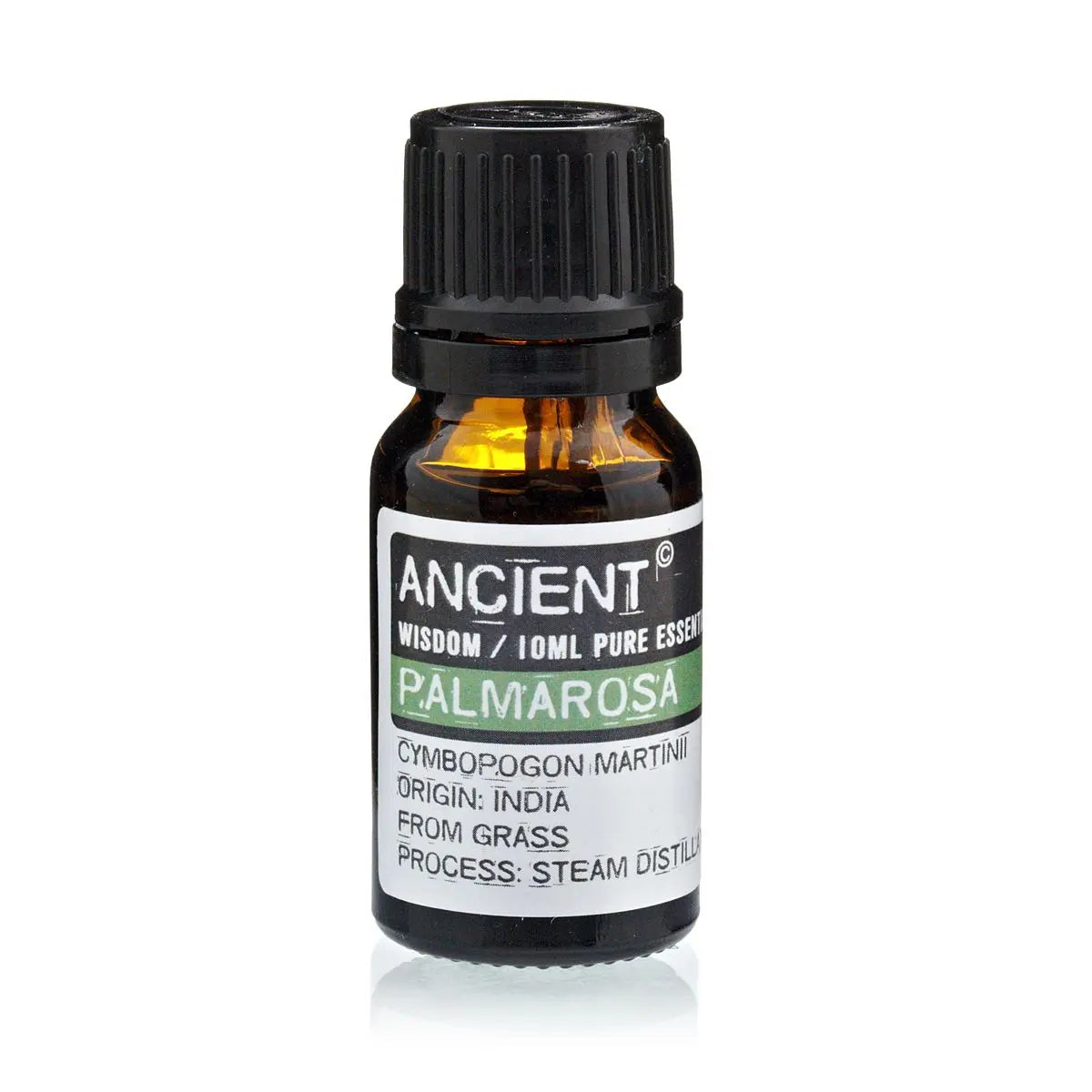 Aceite esencial de palmarosa, 10ml, color ámbar, botella de vidrio, destilado al vapor, origen: India.