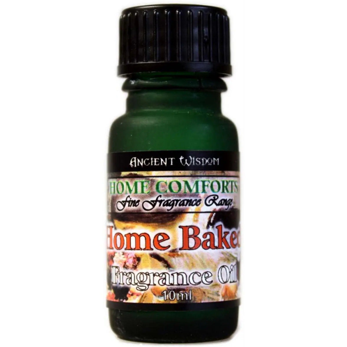 Frasco de vidrio verde de 10 ml con tapa negra y etiqueta con texto "Home Baked Fragrance Oil" sobre fondo blanco.