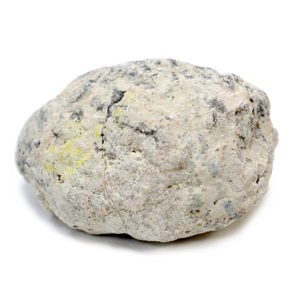 Piedra natural gris claro con detalles amarillos, textura rugosa, ideal para decoración o proyectos artesanales.