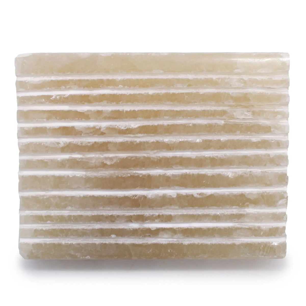 Jabonera cuadrada de piedra natural Honey Onyx con superficie estriada en tonos beige translúcidos y acabado elegante.