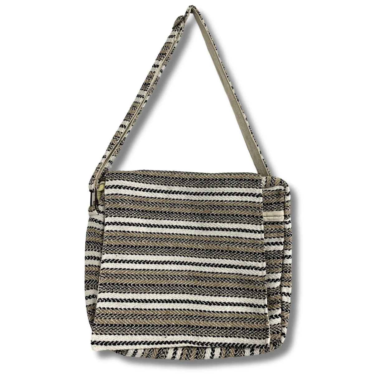 Bolso para portátil de tela con diseño de rayas horizontales en tonos crema, gris y negro, con asa larga ajustable.