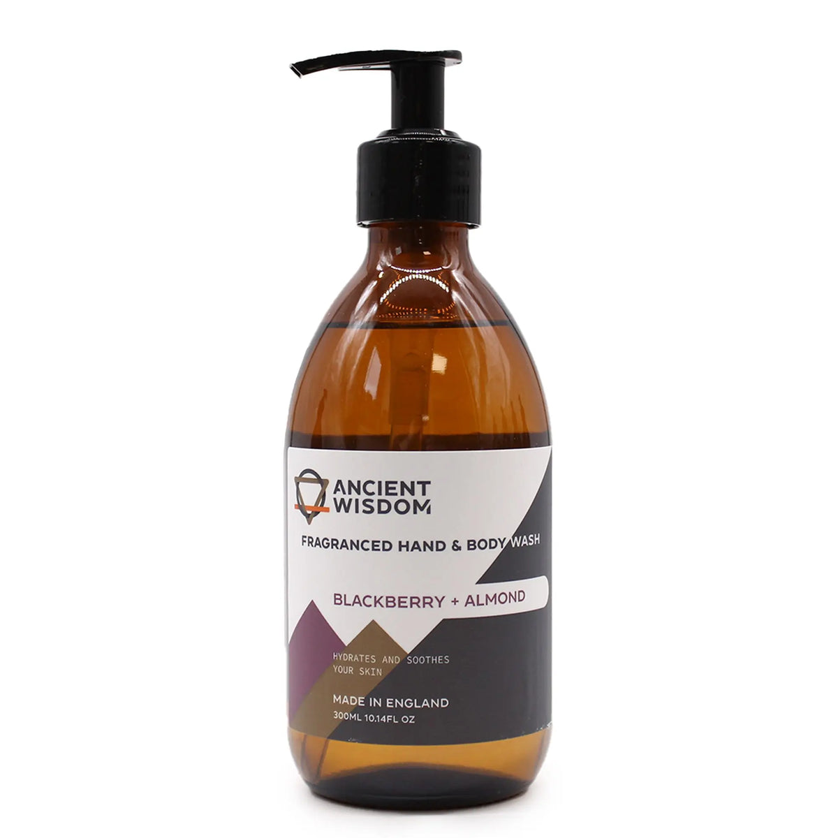 Jabón líquido Ancient Wisdom (300ml) de mora y almendra en botella de vidrio ámbar con dispensador negro.