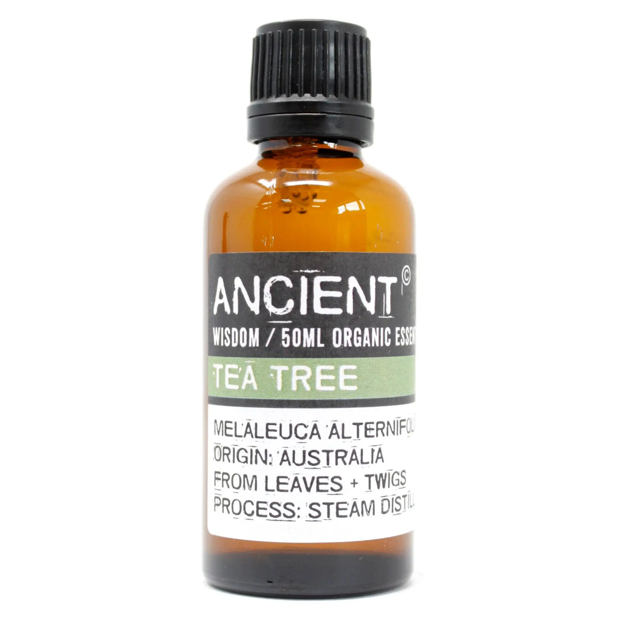 Frasco de vidrio ámbar de 50ml con tapa negra y etiqueta Ancient Wisdom de aceite esencial orgánico de árbol de té.