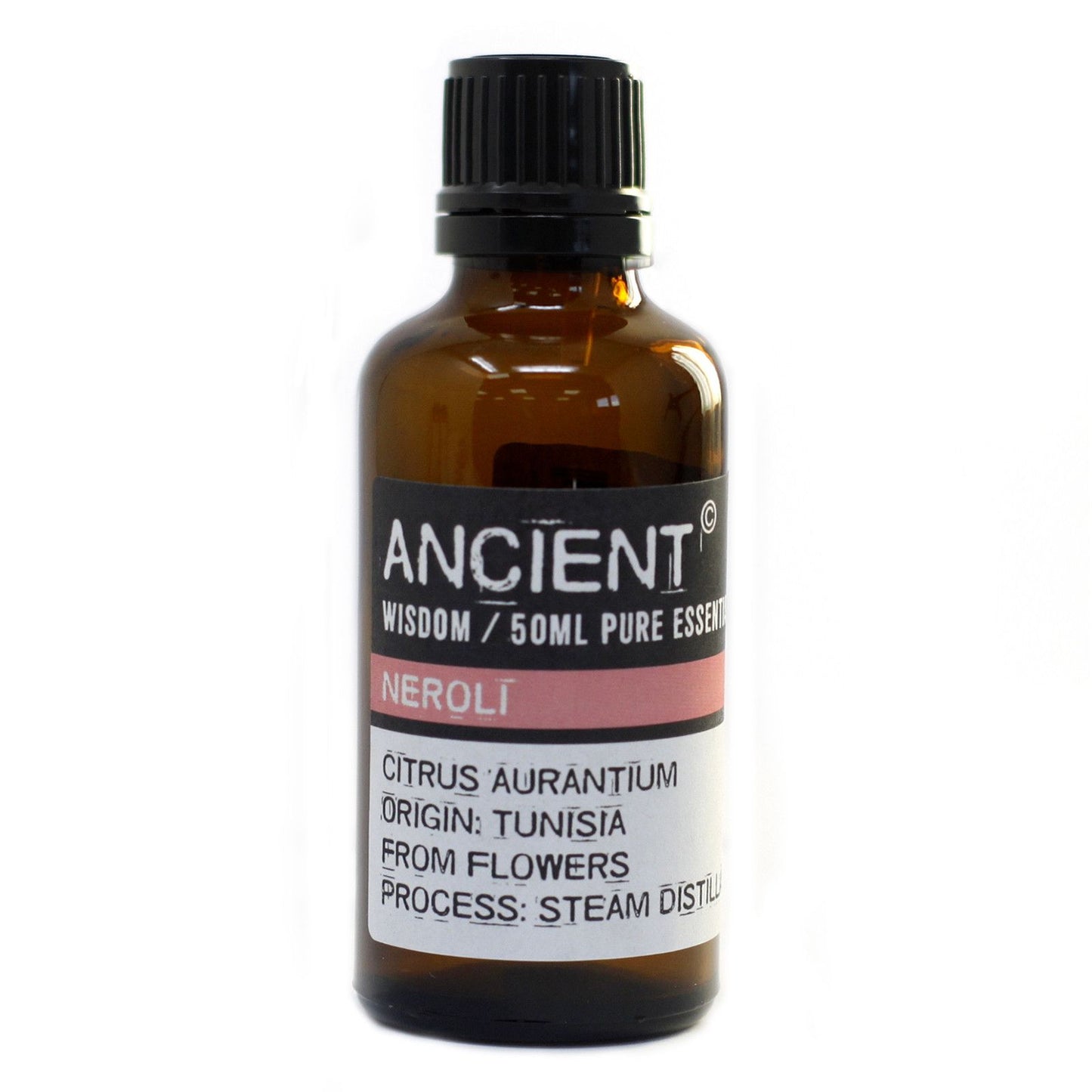 Frasco de vidrio ámbar de 50ml con tapa negra y etiqueta blanca que indica aceite esencial de neroli sobre fondo blanco.