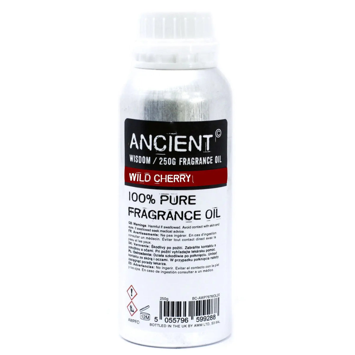 Botella de aluminio cilíndrica de 250g con tapón blanco y etiqueta con texto negro y franja roja "Wild Cherry".