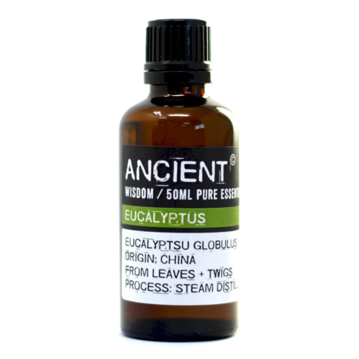 Frasco de vidrio ámbar de 50ml con tapa negra y etiqueta blanca, verde y negra de aceite esencial de eucalipto.