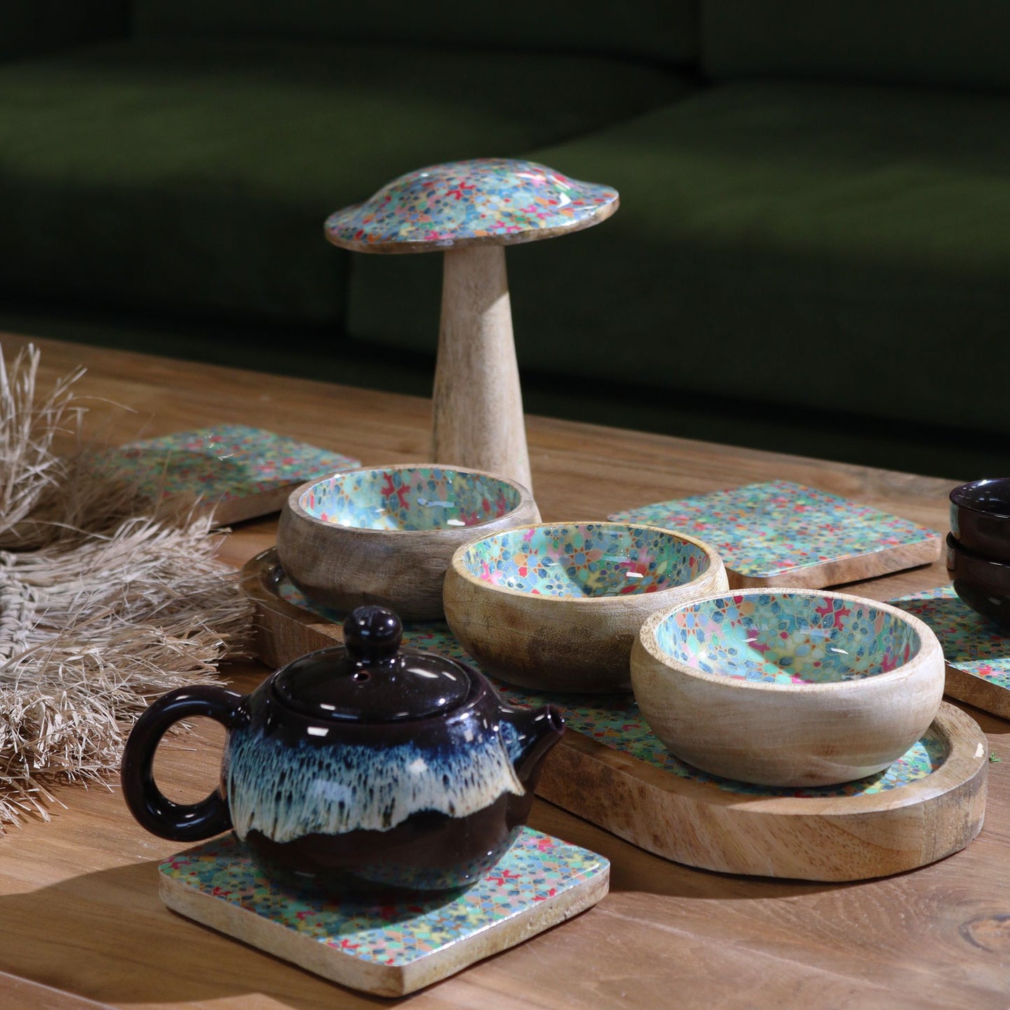 Bandeja de Madera de Mango con 3 Cuencos - Patrón de Azulejo Mediterráneo