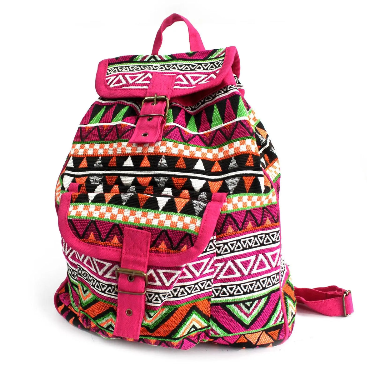 Mochila estilo nepalí de tejido jacquard con patrón geométrico colorido, tonos rosa, naranja y negro, cierre de hebilla.