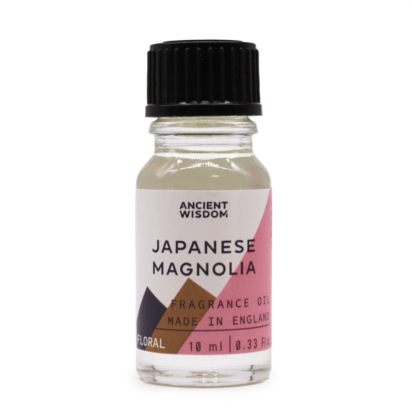 Frasco de vidrio transparente de 10ml con tapa negra y etiqueta de diseño geométrico en tonos rosa, marrón y blanco
