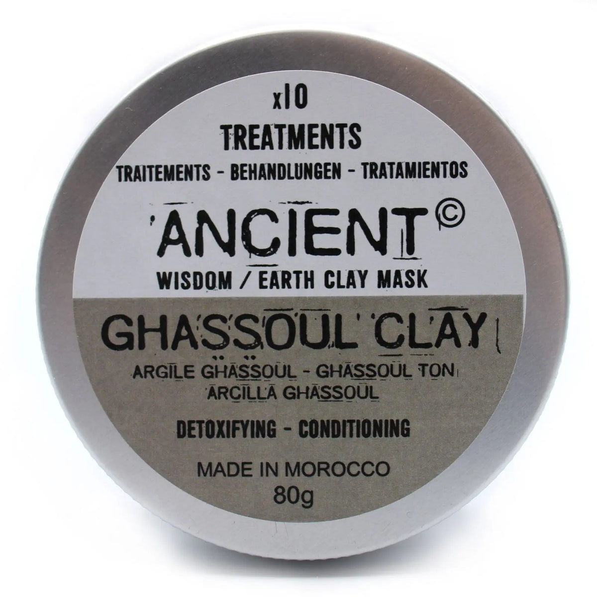 Envase metálico circular con etiqueta gris y texto negro que indica 80g de arcilla marroquí Ghassoul para mascarilla.