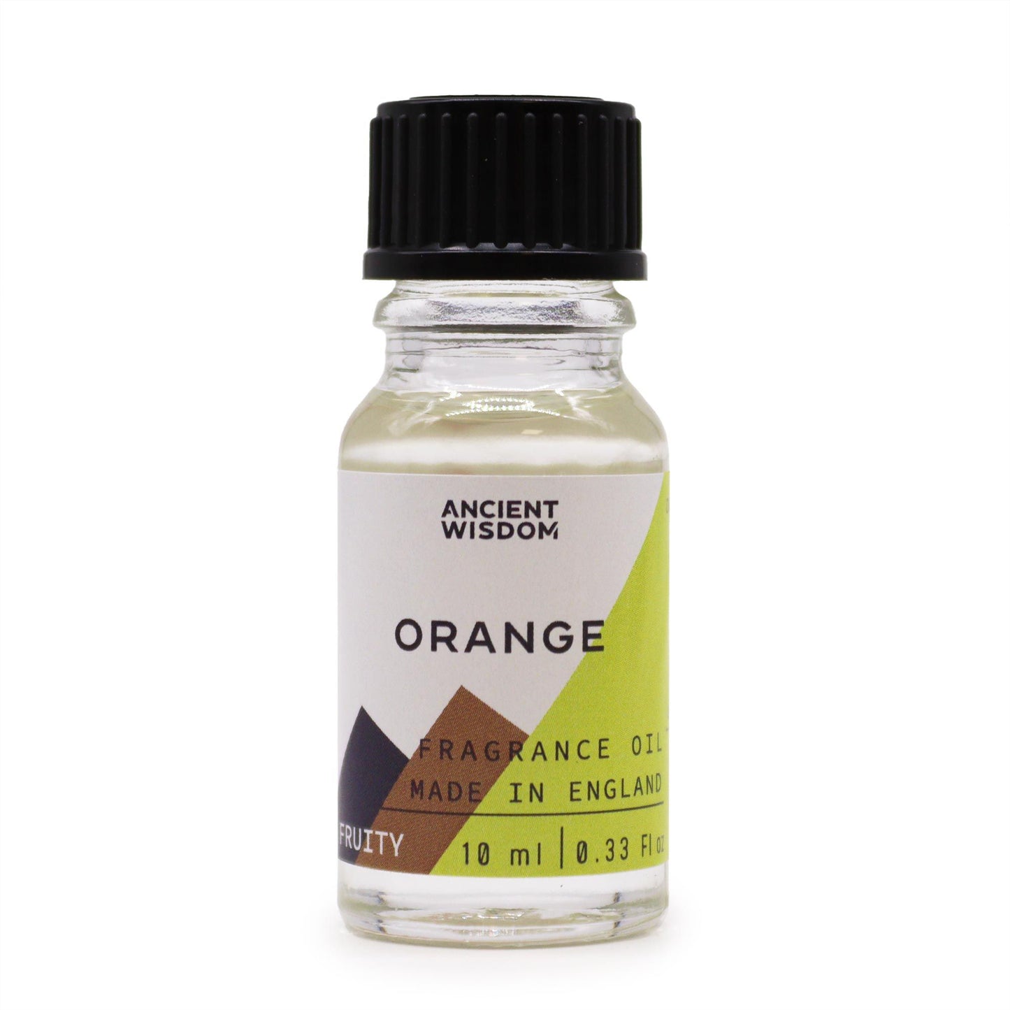 Frasco de vidrio transparente de 10ml con tapa negra, etiqueta blanca y verde con la palabra "ORANGE" impresa.