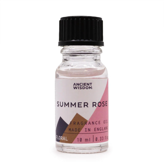 Frasco de vidrio de 10ml con tapa negra y etiqueta blanca con texto rosa "Summer Rose" y motivos geométricos.