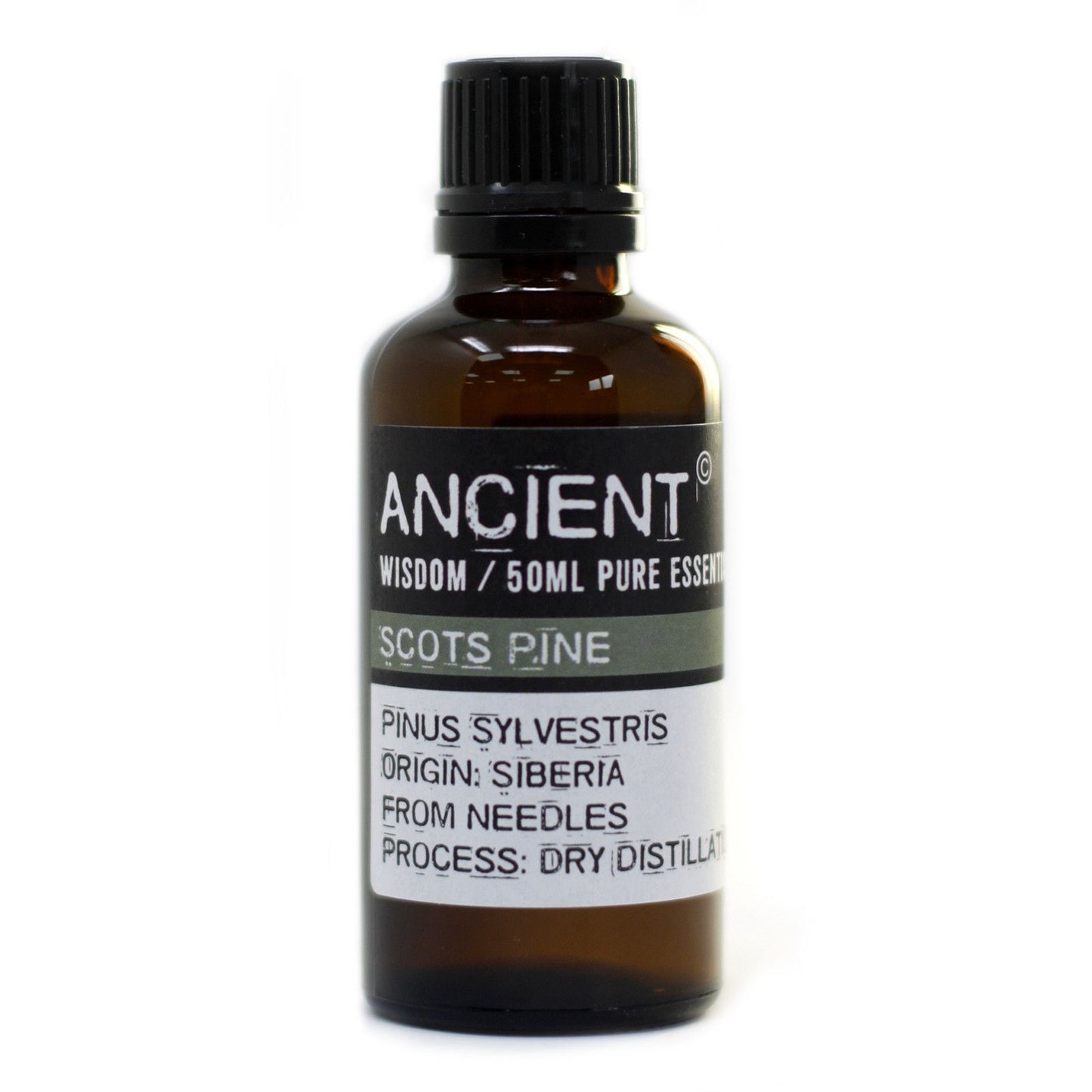 Aceite esencial de pino escocés 50 ml, color ámbar, proveniente de agujas, destilación en seco, packaging elegante.
