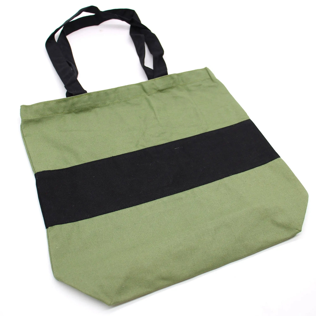Bolsa de algodón resistente color verde oliva con franja horizontal negra y asas negras, estilo casual y funcional