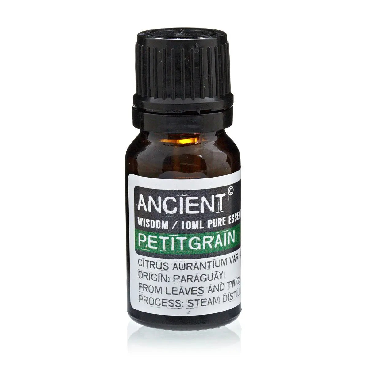 Aceite esencial de petitgrain 10 ml, color ámbar, hecho de hojas y ramas, proceso de destilación al vapor.