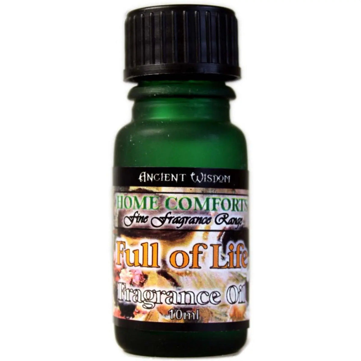 Frasco de vidrio verde de 10ml con tapa negra y etiqueta con texto sobre fondo floral. Producto de aceites de fragancia.