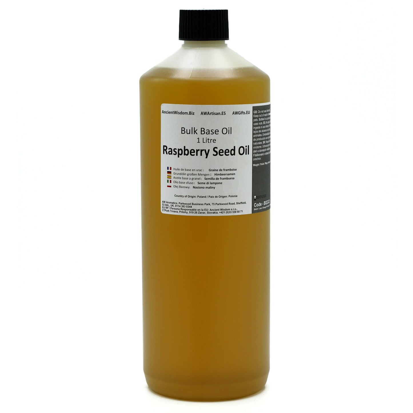 Aceite de semilla de frambuesa en botella de 1 litro, color ámbar, envase plástico, ideal para cosméticos.