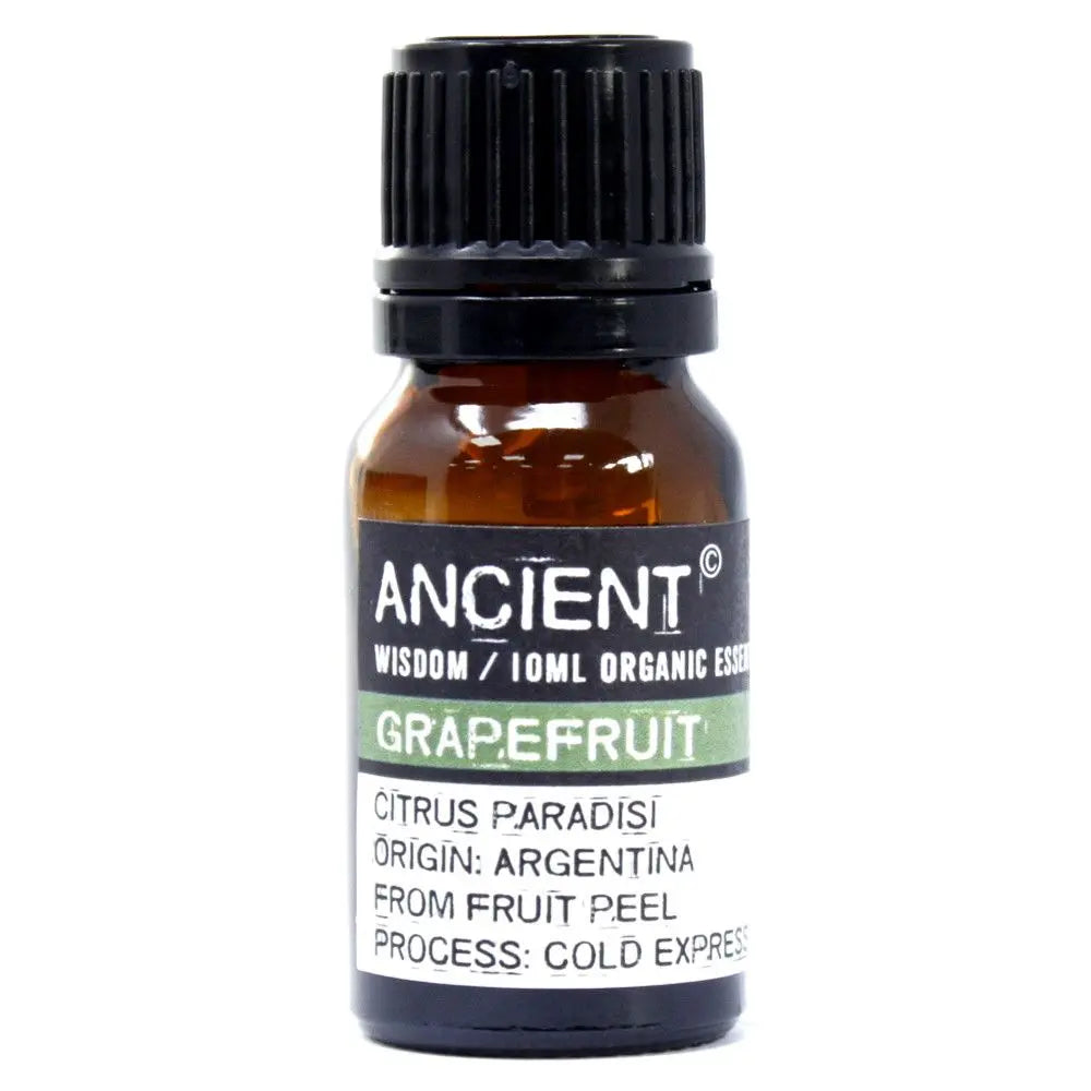 Frasco de vidrio ámbar de 10ml con tapa negra y etiqueta blanca de aceite esencial orgánico de pomelo Ancient Wisdom.