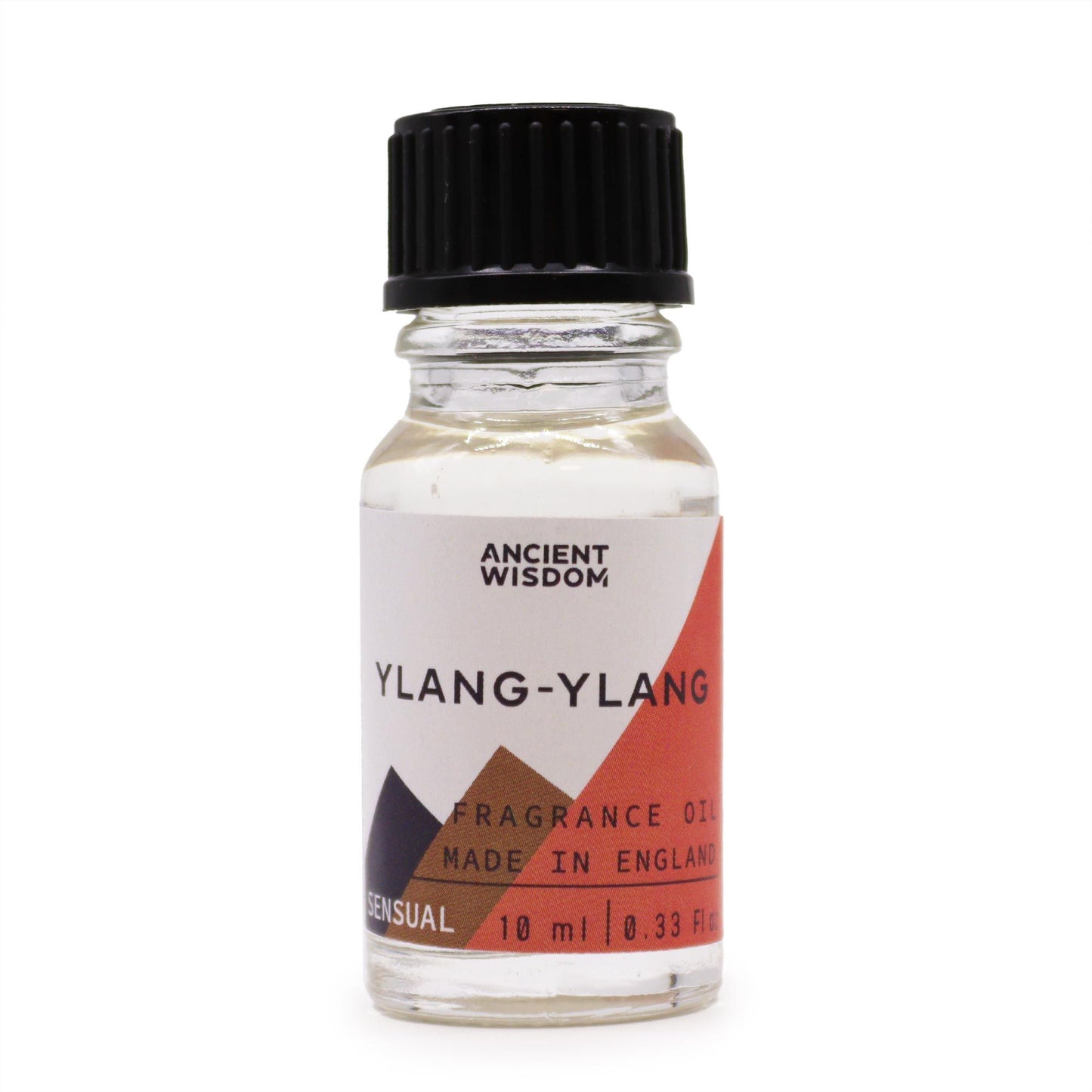 Frasco de vidrio transparente con aceite de 10ml, tapa negra y etiqueta blanca con diseño geométrico y texto Ylang-ylang.