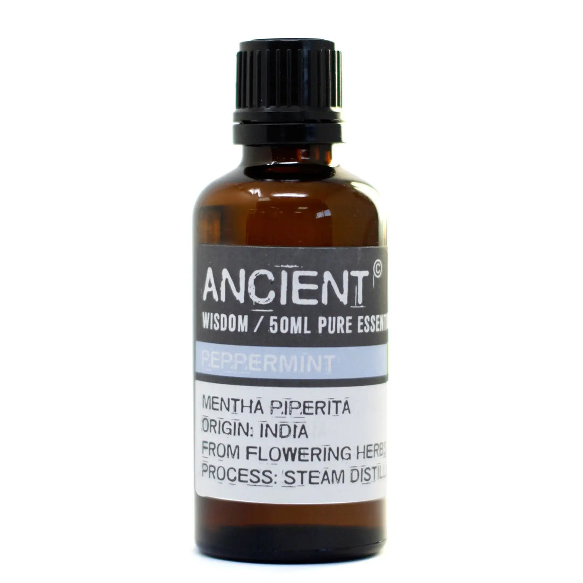 Frasco de vidrio ámbar de 50 ml con tapón negro y etiqueta informativa que especifica aceite esencial de menta.