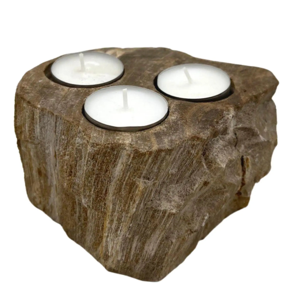 Triple tea light holder carved from raw, textured brown petrified wood with a natural, rustic stone finish.