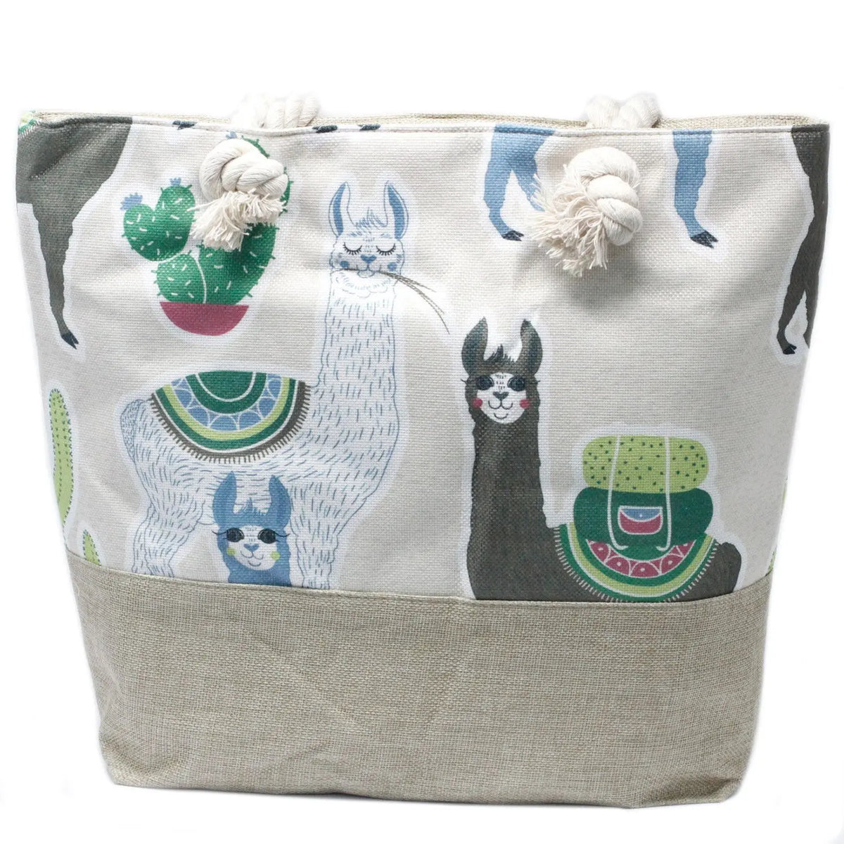 Bolso shopper beige con estampado de llamas y cactus, base de lino y asas de cuerda blanca anudadas. Estilo boho.