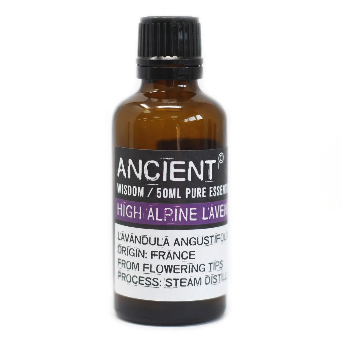 Frasco de vidrio ámbar de 50ml con tapón negro y etiqueta informativa sobre aceite esencial de lavanda alpina francesa.