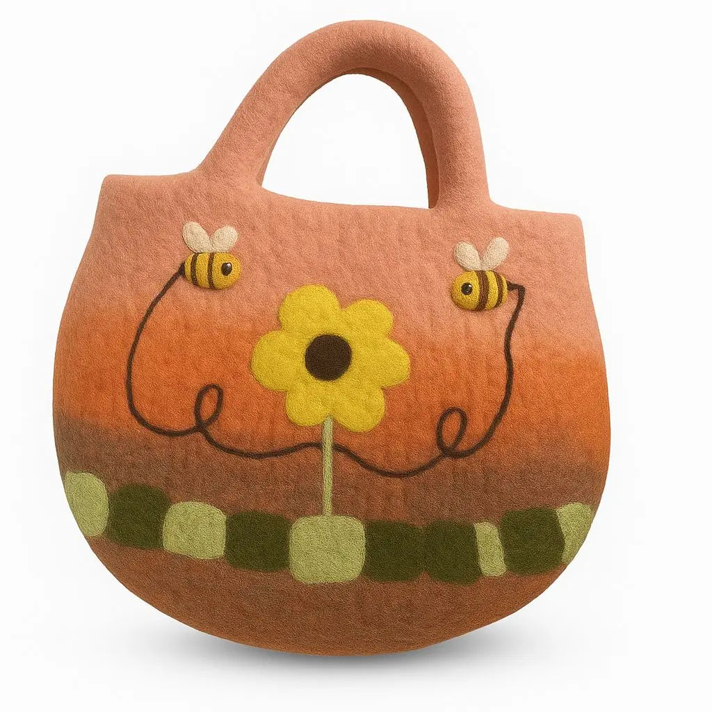 Bolso de fieltro redondeado en tonos naranja con diseño de girasol amarillo y abejas bordadas. Base con cuadrados.