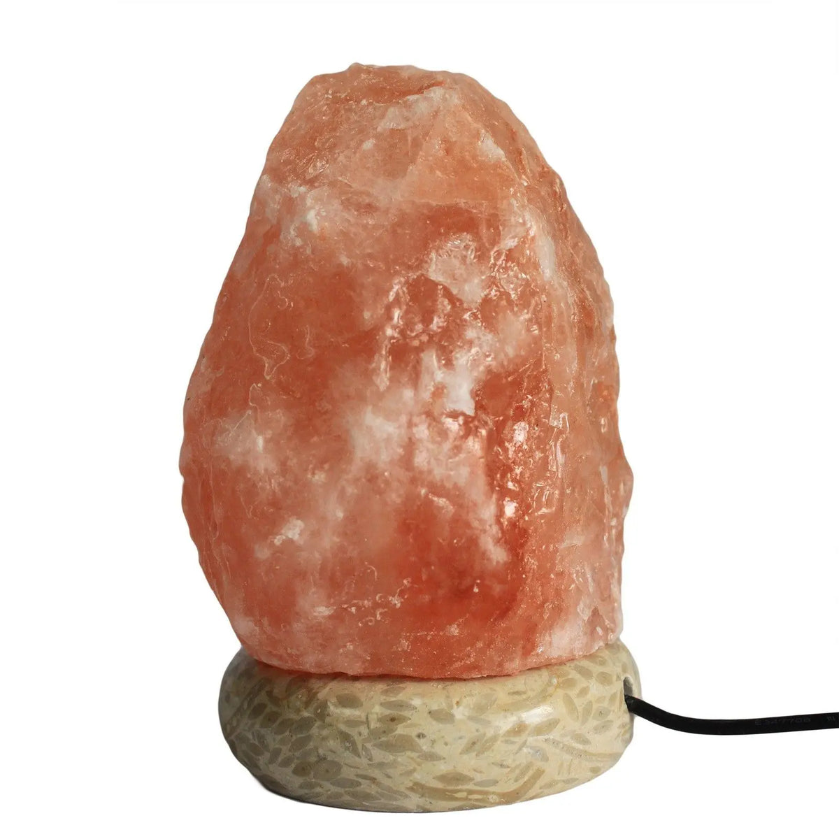 Lámpara de sal del Himalaya de 11,5 cm, bloque rugoso rosado sobre base de piedra con cable de conexión USB.