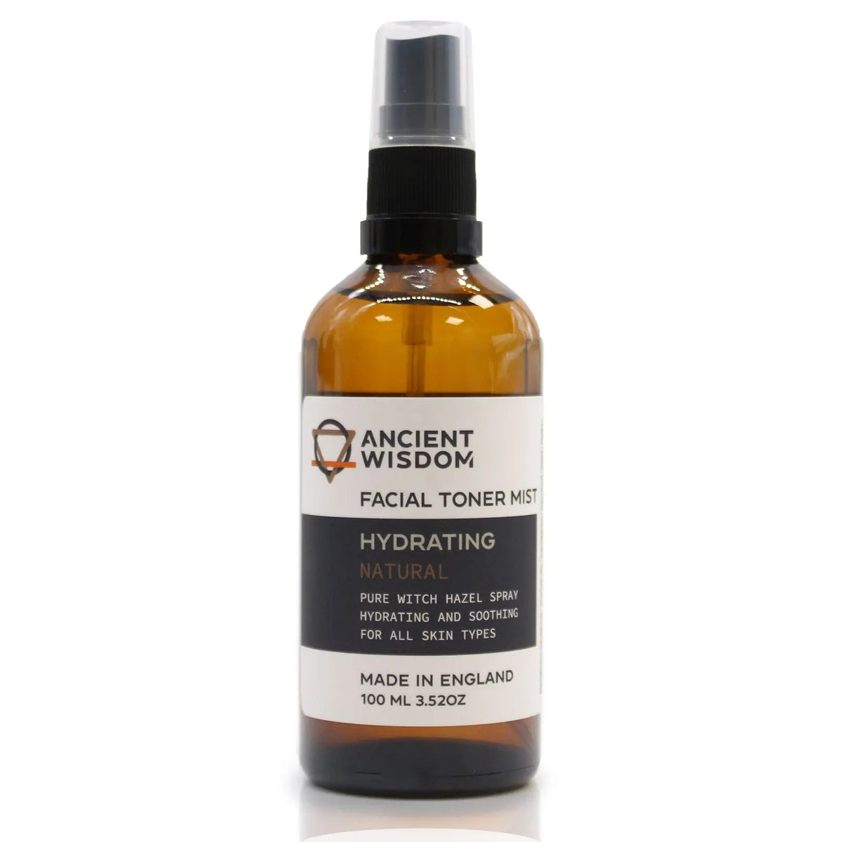 Envase de vidrio ámbar con atomizador negro, etiqueta blanca y gris con el logo Ancient Wisdom, contiene 100ml de tóner.