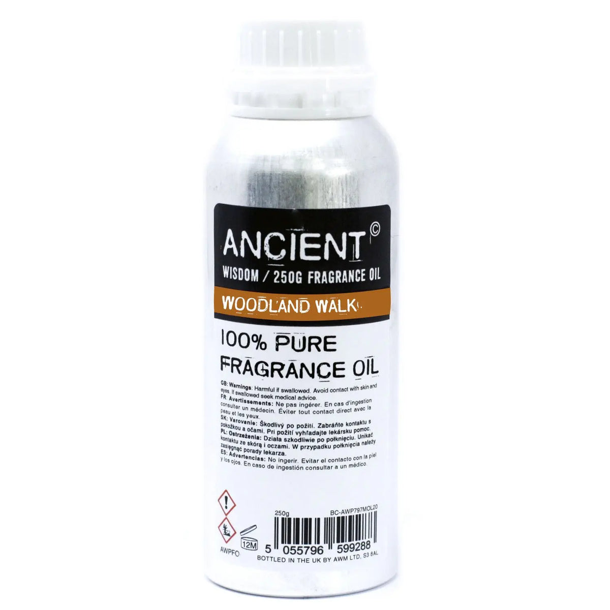 Botella de aluminio plateado de 250g con etiqueta negra, texto informativo y tapa blanca, para aceite de fragancia.