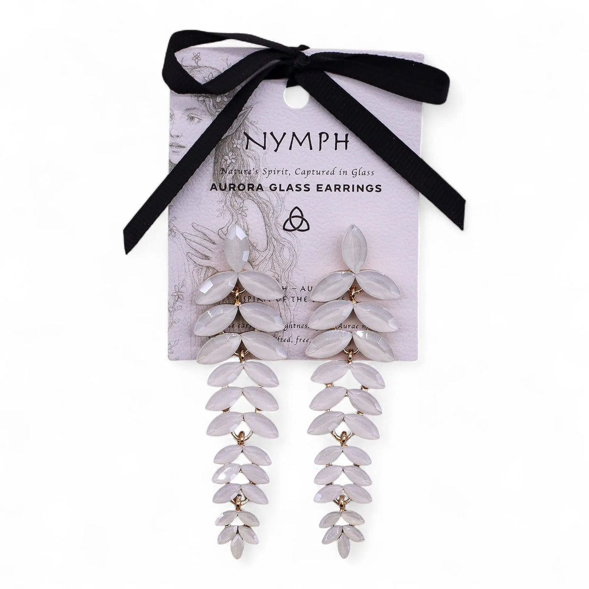 Pendientes largos colgantes con cuentas de cristal blanco en forma de hoja con engarces dorados y estilo vintage elegante
