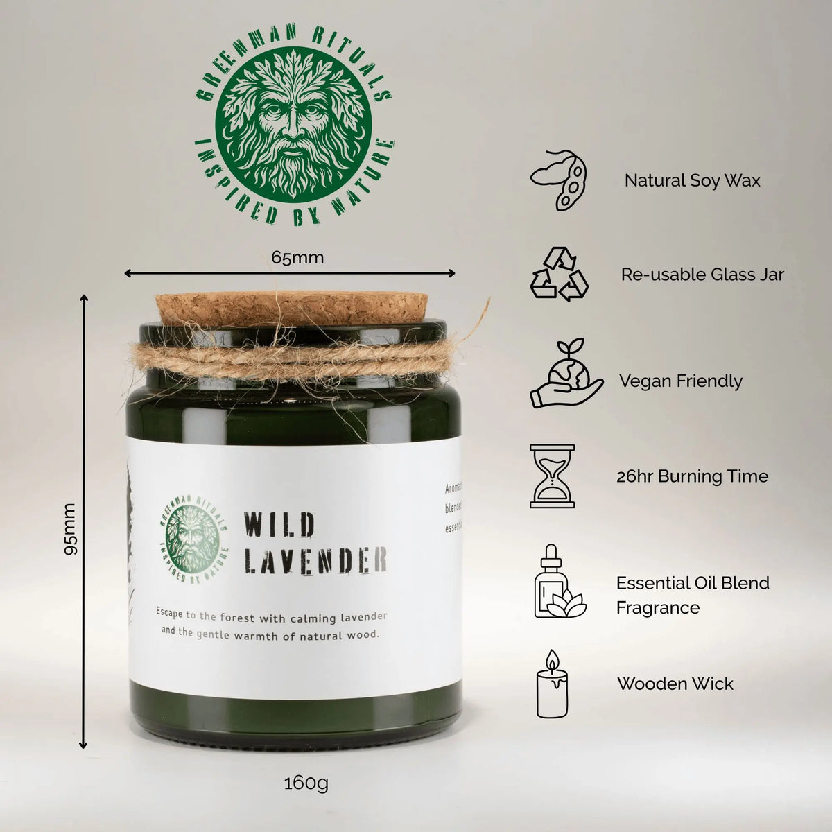 Vela de soja verde "Lavanda Silvestre" en tarro de vidrio, con mecha de madera y fragancia a aceites esenciales.