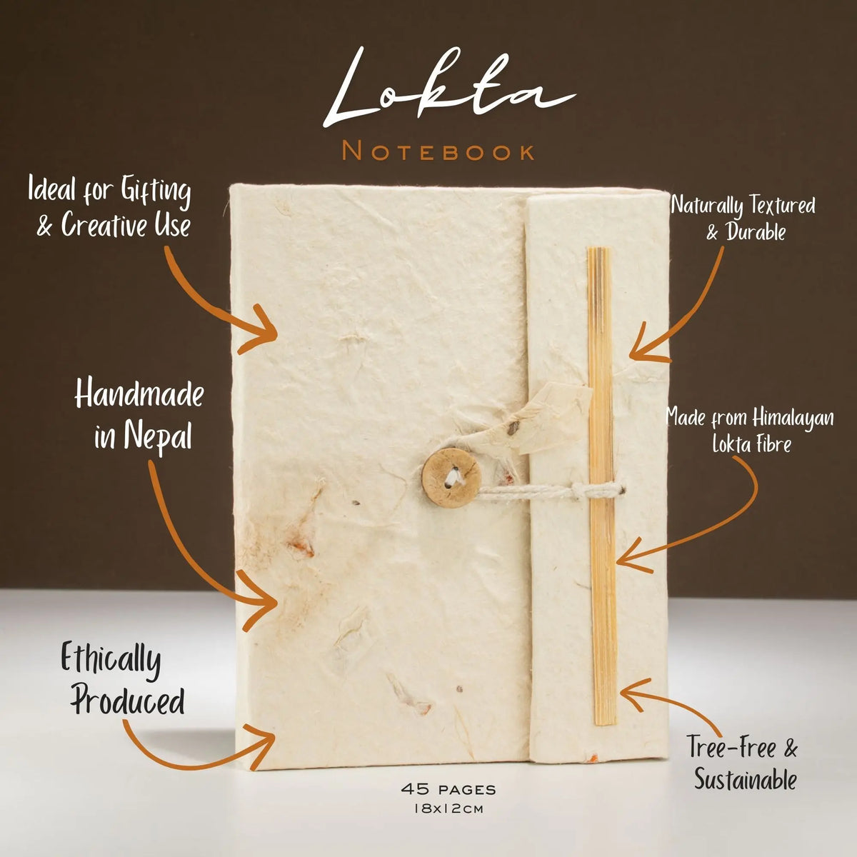 Cuaderno Lokta hecho a mano en Nepal, 45 páginas, color crema, textura natural, sostenible y libre de árboles.