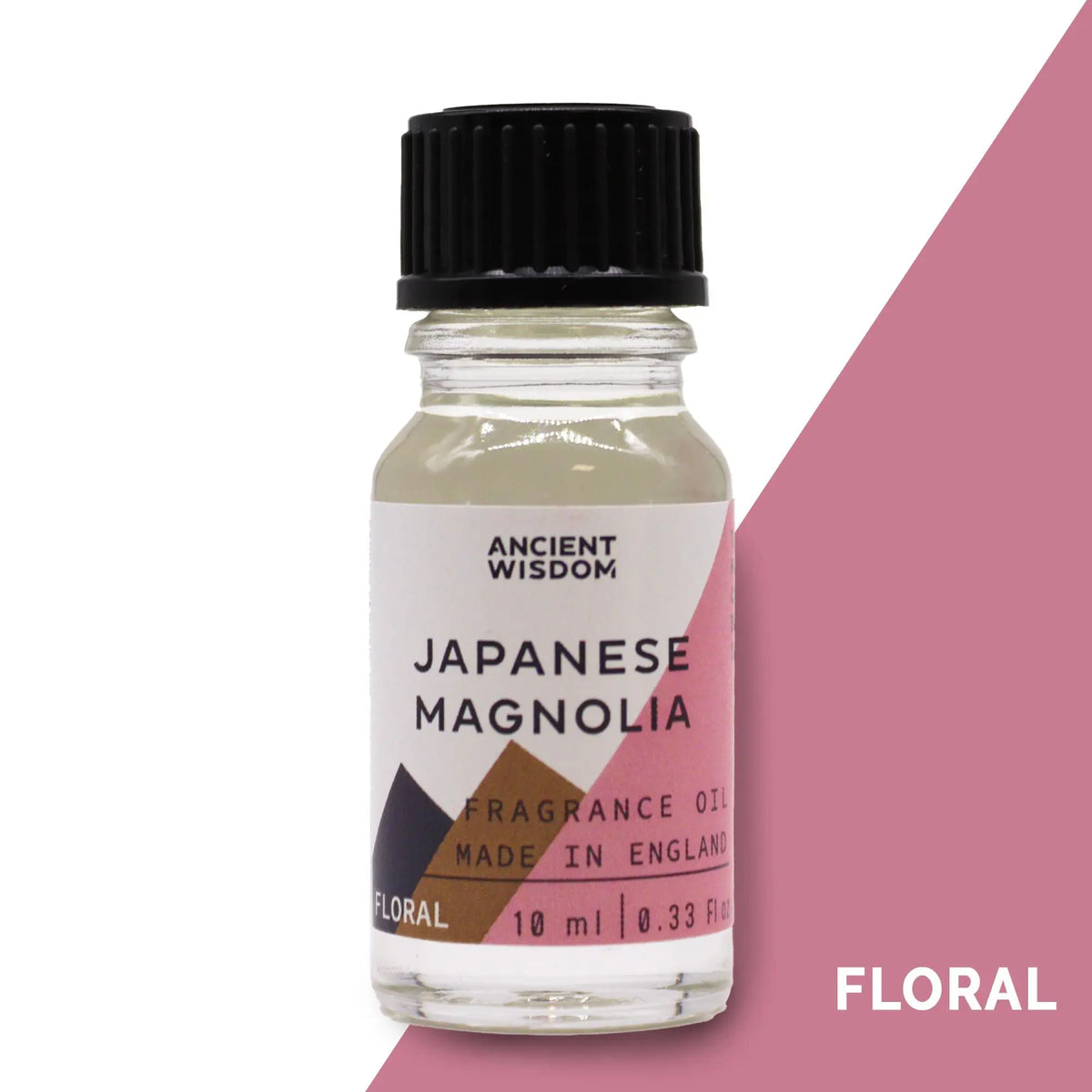 Frasco de vidrio de 10 ml con aceite de fragancia de magnolia japonesa, tapa negra y etiqueta geométrica rosa y marrón.
