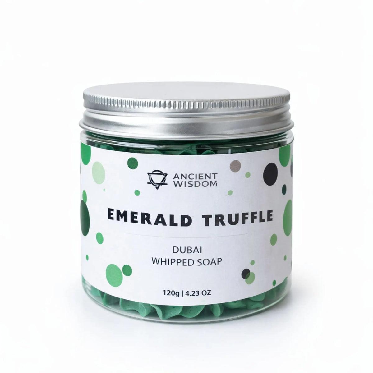Jabón batido "Emerald Truffle" en frasco de 120g, tonos verdes y textura cremosa, de Ancient Wisdom.