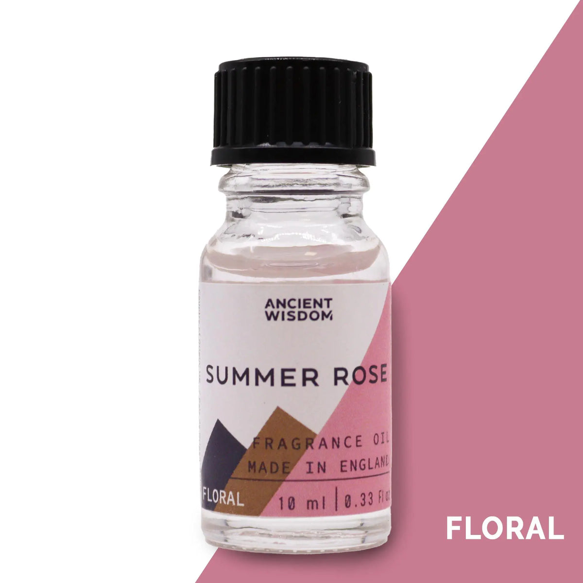Frasco de vidrio de 10ml con tapa negra y etiqueta blanca, rosa y marrón de aceite aromático de rosa de verano.