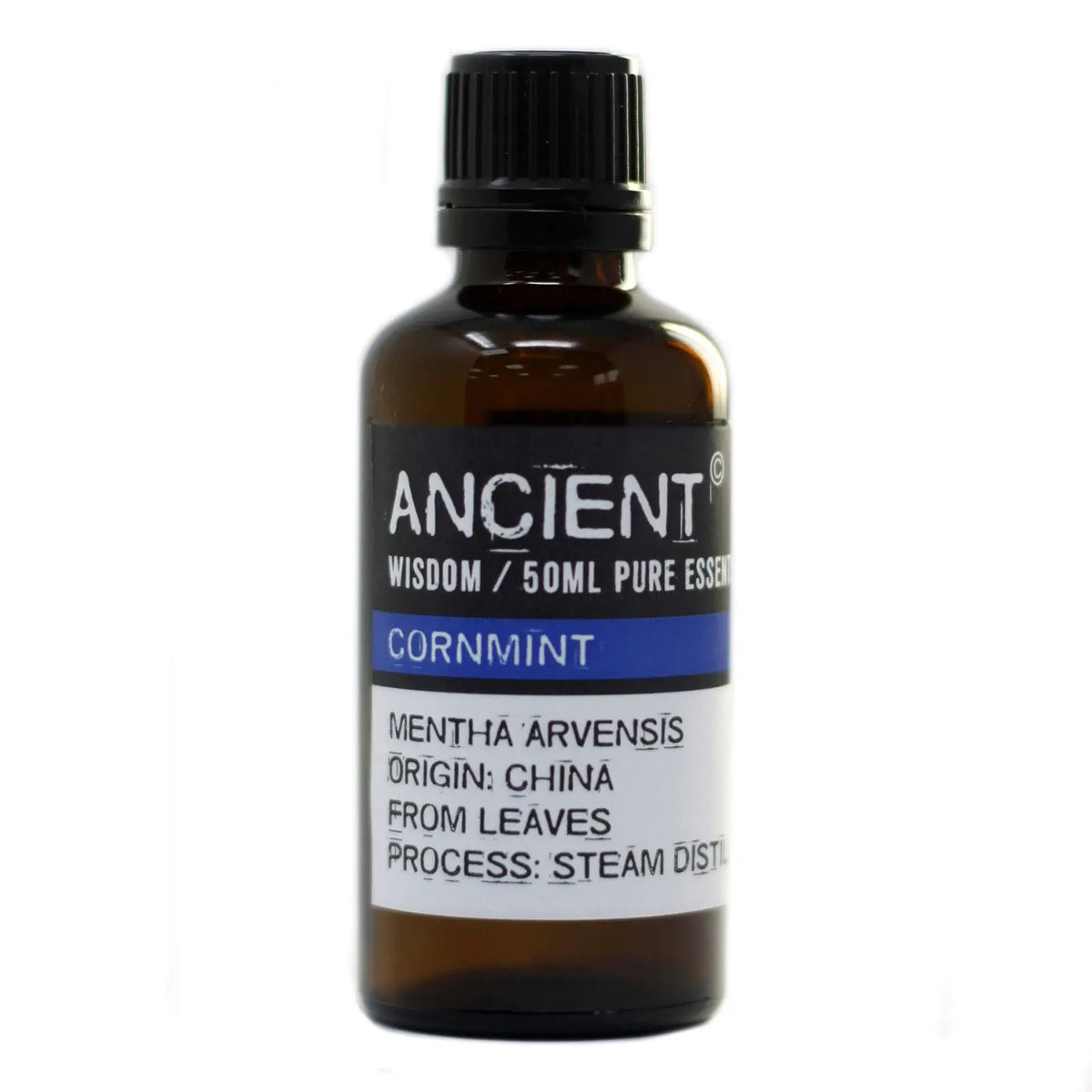 Frasco de vidrio ámbar de 50ml con tapa negra y etiqueta profesional indicando aceite esencial de menta arvensis