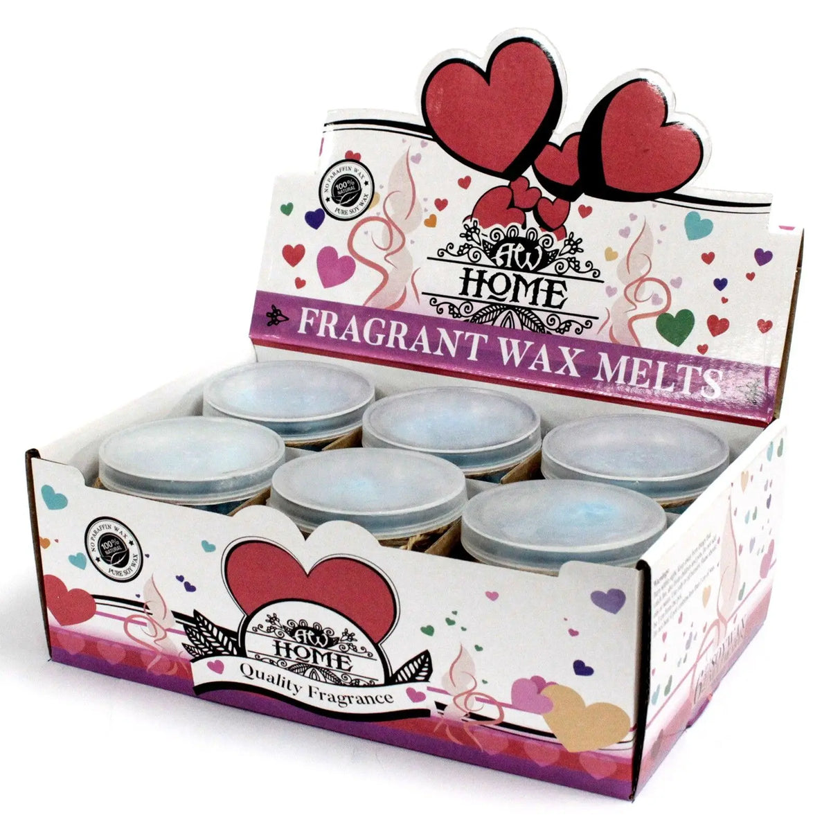 Exhibidor con seis frascos redondos de cera de soja, diseño con corazones coloridos sobre fondo blanco y detalles lila.