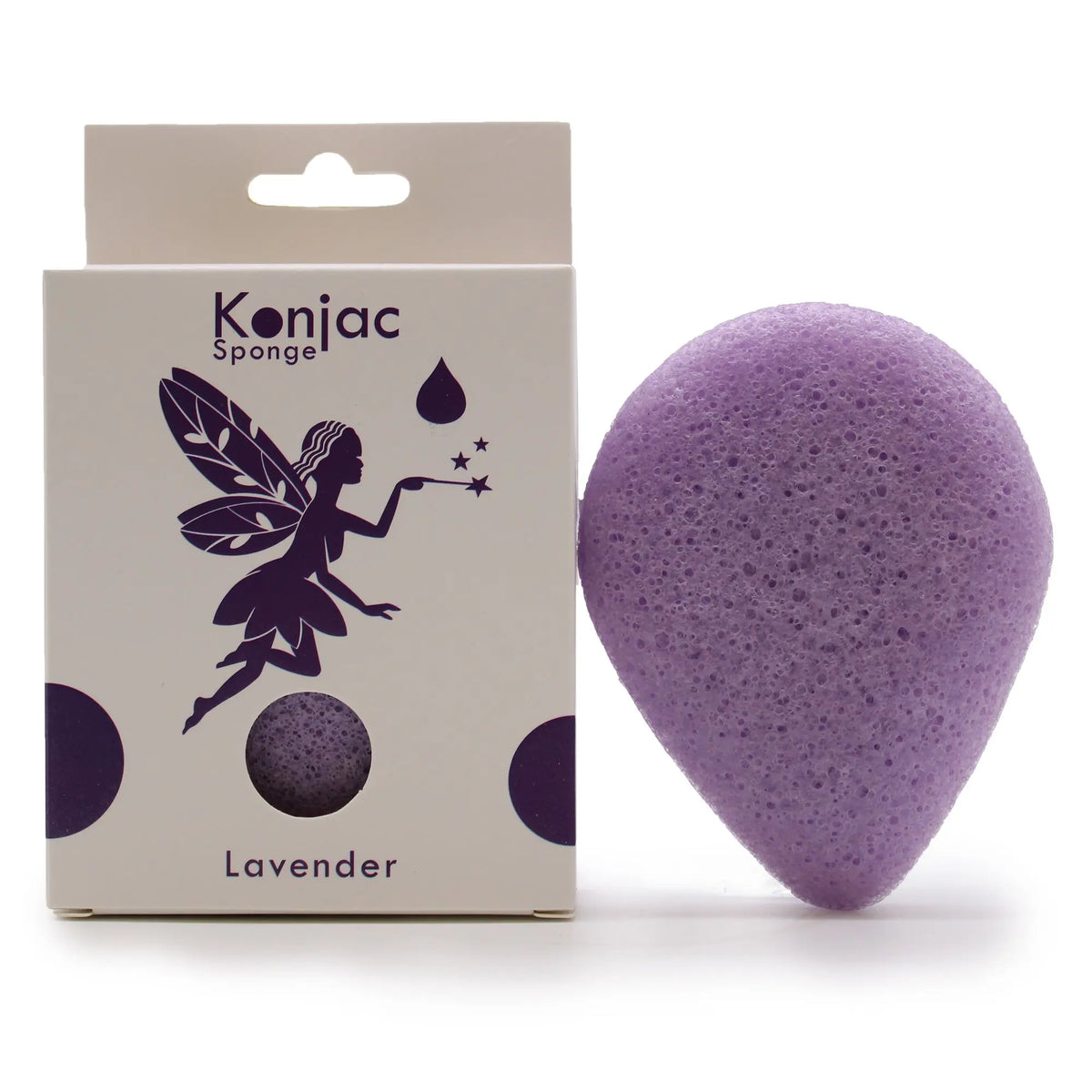 Esponja facial Konjac de color morado con forma de gota junto a su caja de cartón blanca con diseño de hada.