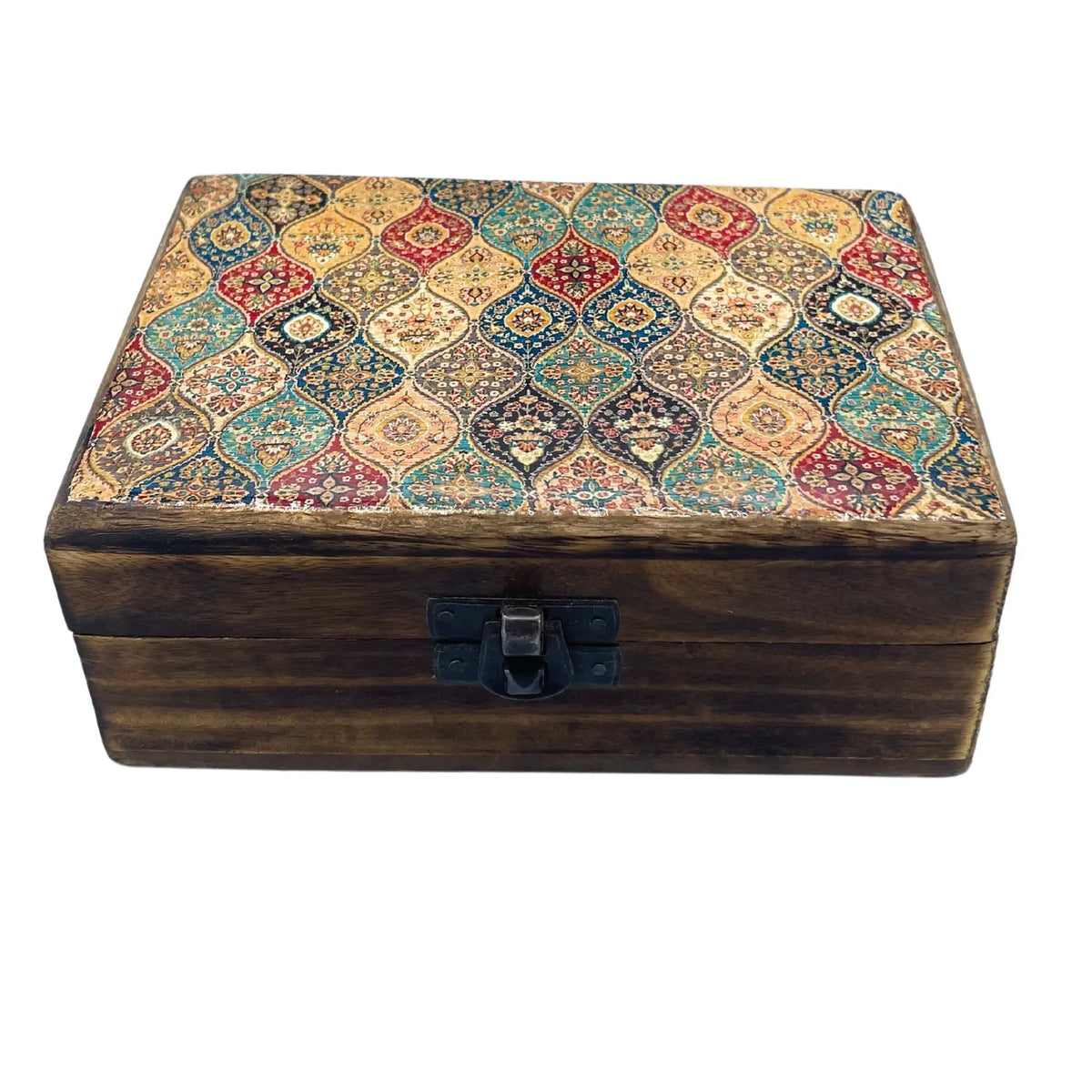 Caja de madera con tapa de cerámica esmaltada, patrón tradicional colorido y cierre metálico, 15x10x6cm.