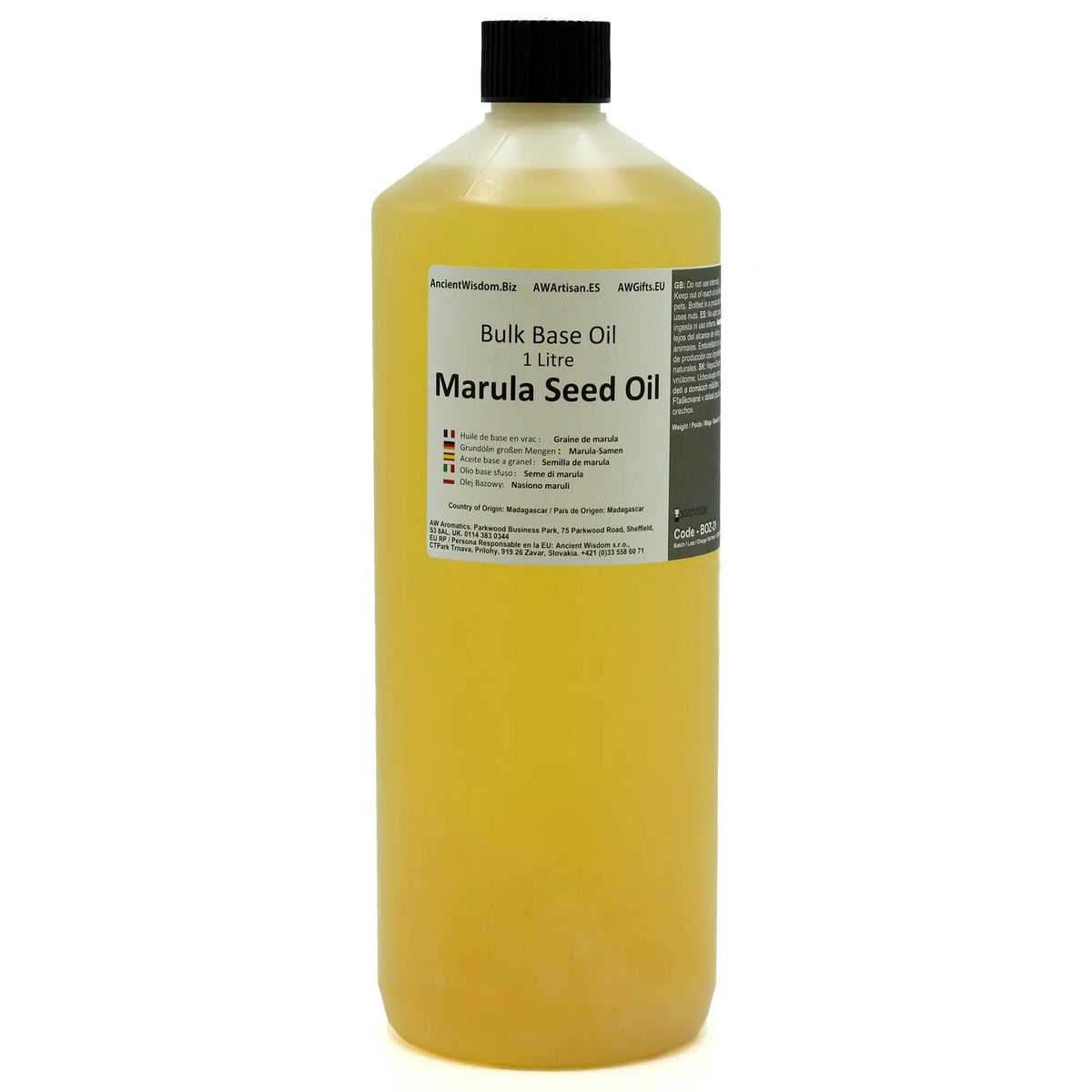 Aceite de marula en botella de plástico amarilla de 1 litro, ideal para cosméticos y masajes.