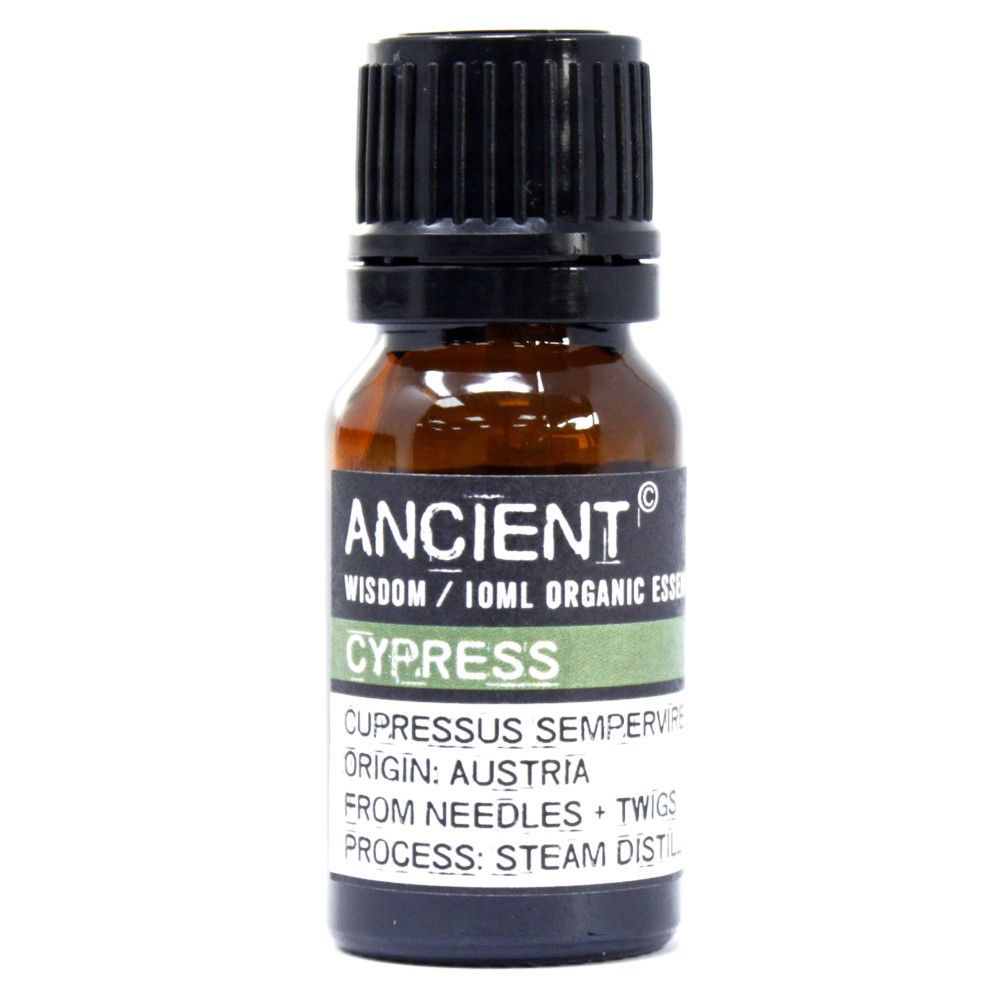 Aceite esencial de Ciprés, frasco ámbar, 10 ml, 100% orgánico, aroma fresco y madera, origen Austria.