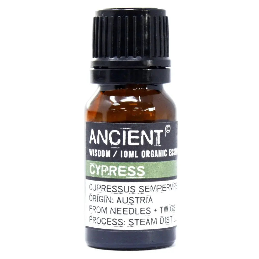 Aceite esencial de Ciprés, frasco ámbar, 10 ml, 100% orgánico, aroma fresco y madera, origen Austria.