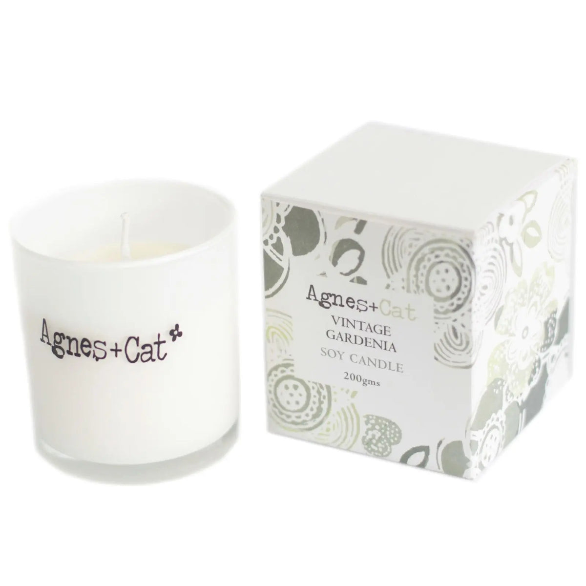 Vela de soya blanca "Vintage Gardenia" en envase elegante, 200 g, de Agnes + Cat. Ideal para decoración y aromaterapia.